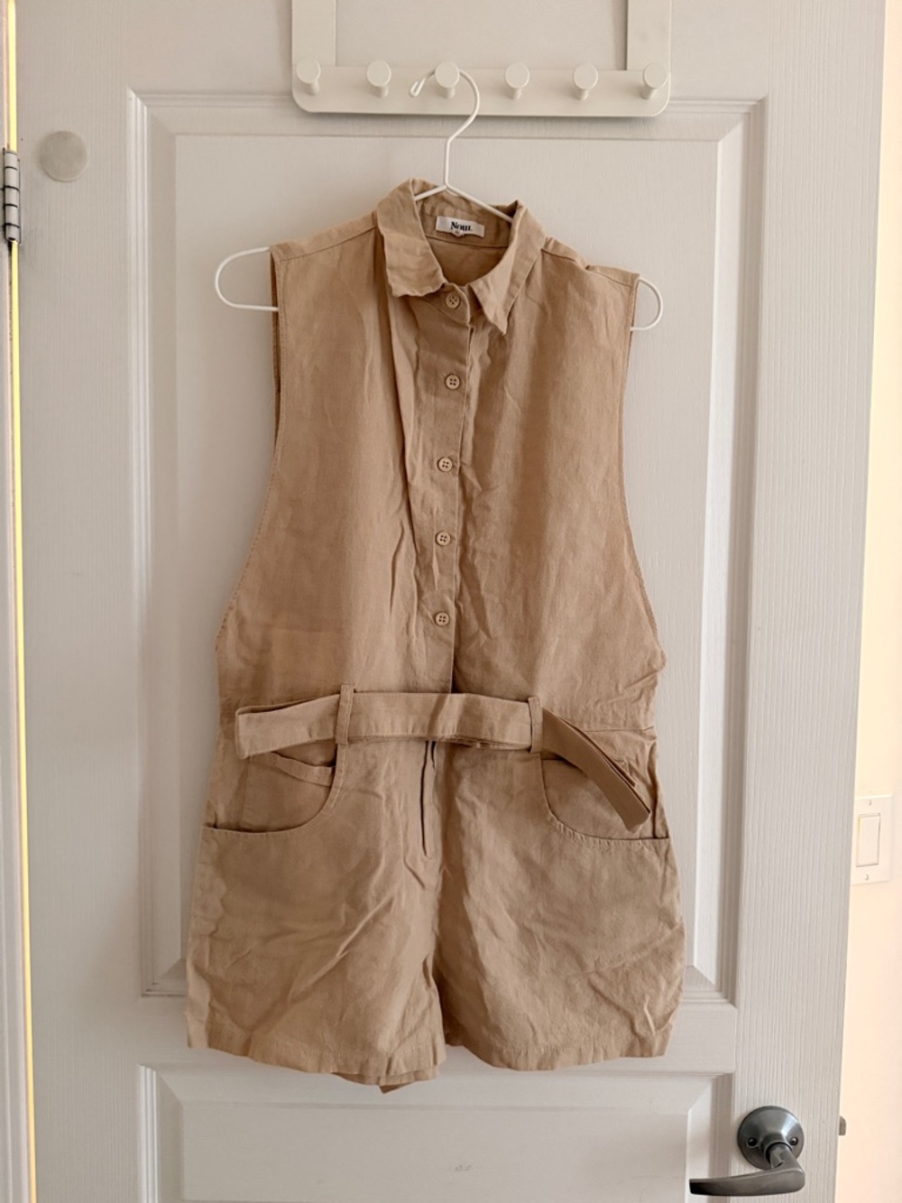 Sleeveless Linen Romper in Tan